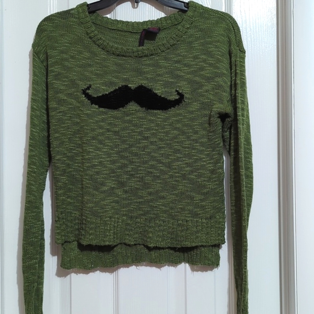Green Knit Sweater with Mustache, Size S Junior's.